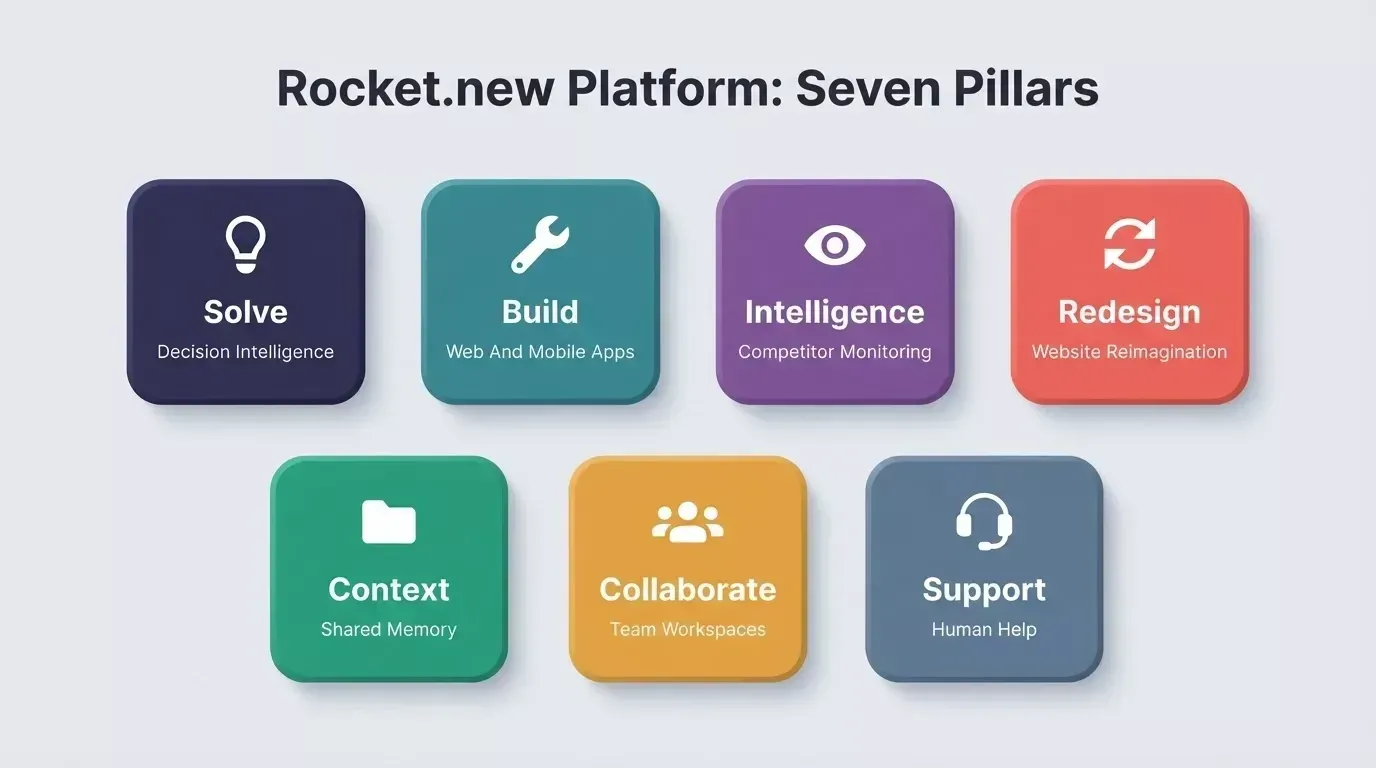Rocket.new seven platform pillars: Solve for decision intelligence, Build for apps, Intelligence for monitoring, Redesign, Context, Collaborate, and Support for human help