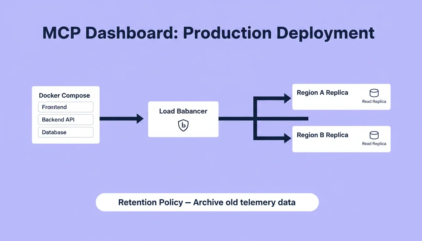 MCP Dashboard Production Deployment showing Docker Compose packaging frontend, backend API, and database — flowing through a Load Balancer to Region A Replica and Region B Replica each with Read Replicas — and a Retention Policy bar at the bottom