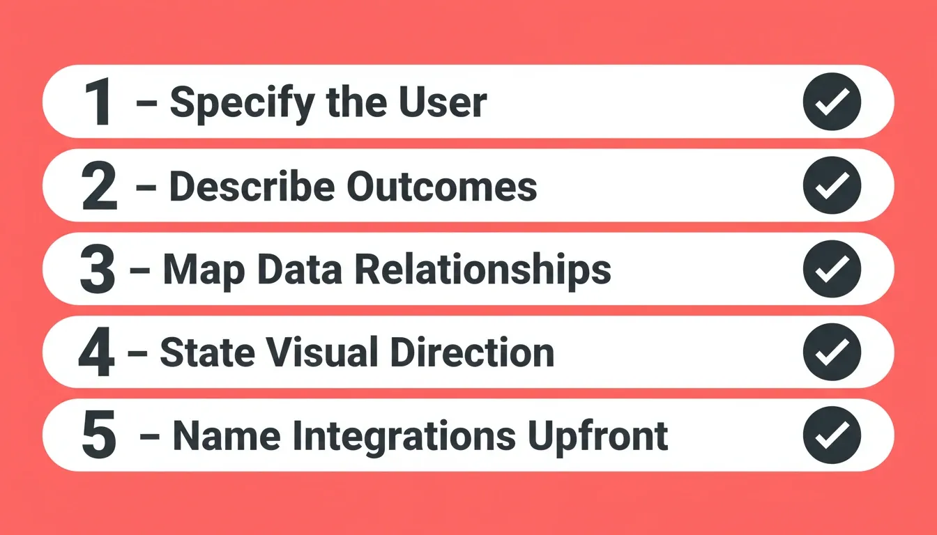 Five elements of an effective app-generation prompt: Specify the User, Describe Outcomes, Map Data Relationships, State Visual Direction, Name Integrations Upfront