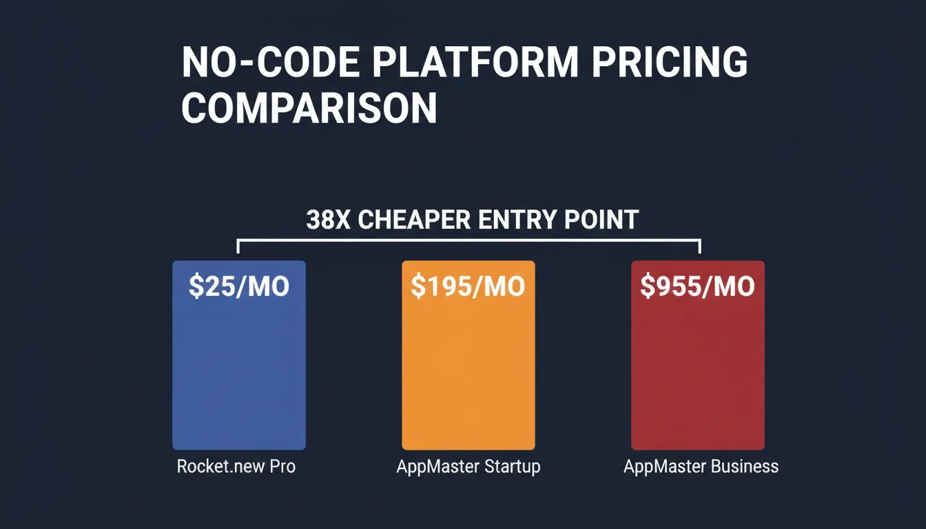 No-Code Platform Pricing Comparison: Rocket.new Pro at $25/mo vs AppMaster Startup at $195/mo vs AppMaster Business at $955/mo
