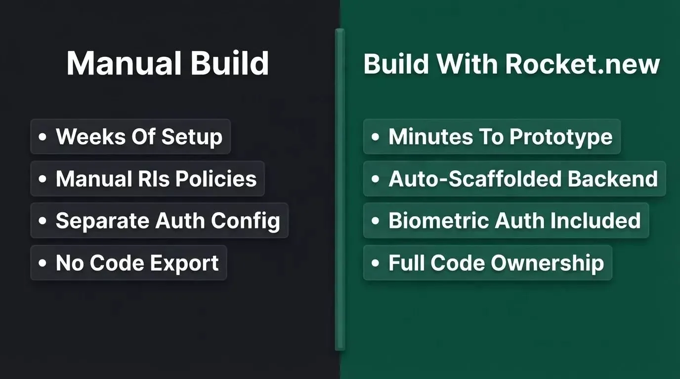 Split screen comparison: Manual Build vs Build With Rocket.new