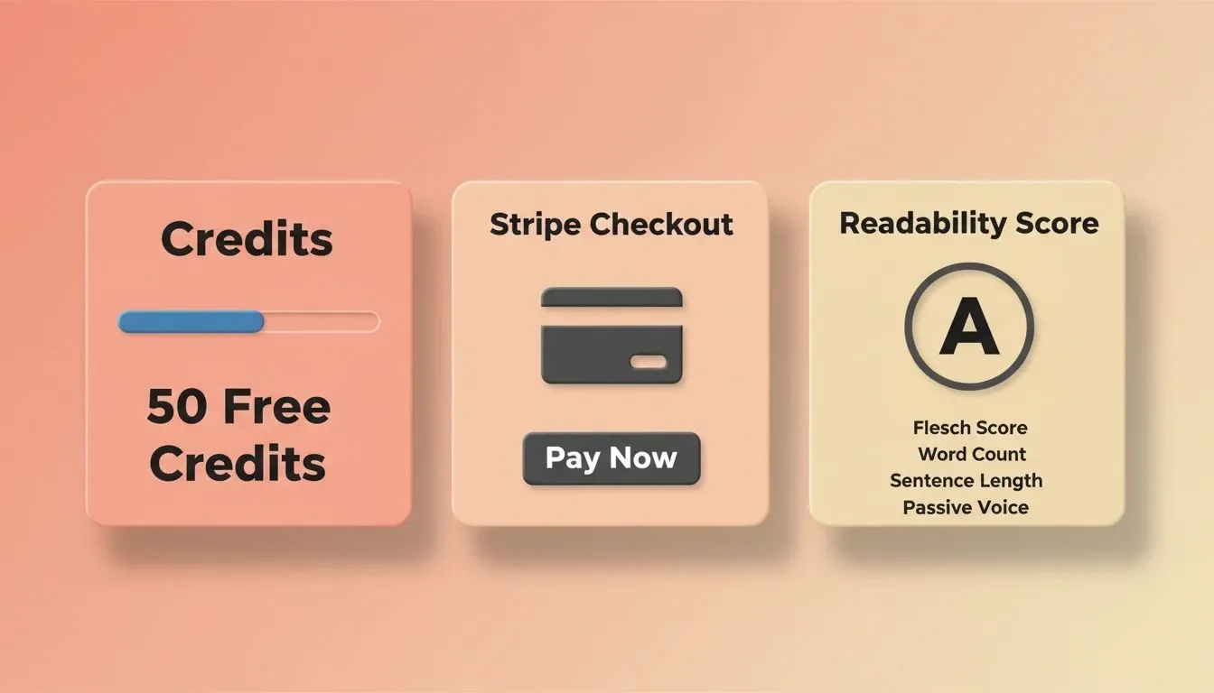 Three monetisation components: a credit balance meter, a Stripe checkout card, and a readability grade badge
