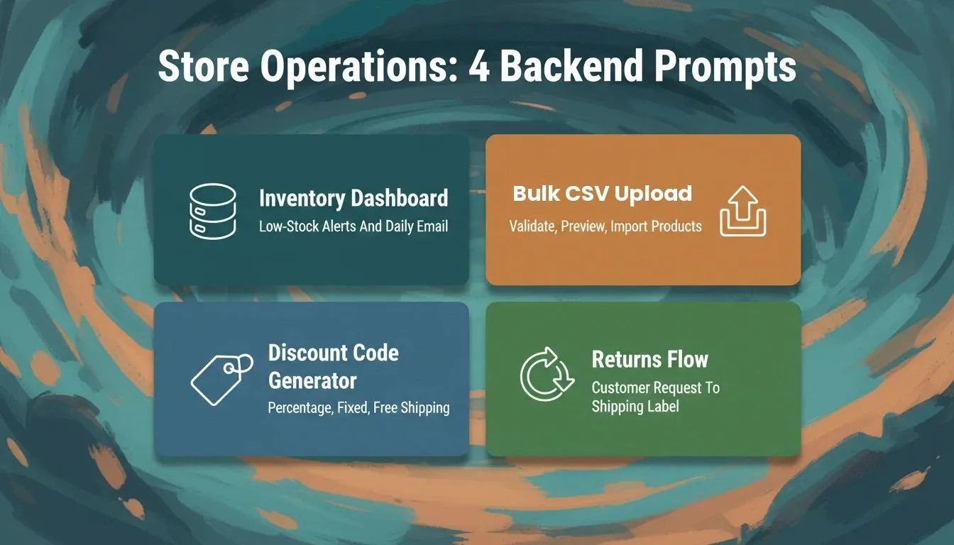 Store Operations 4 Backend Prompts: inventory dashboard with low-stock alerts, bulk CSV upload, discount code generator, and returns flow for fashion boutiques