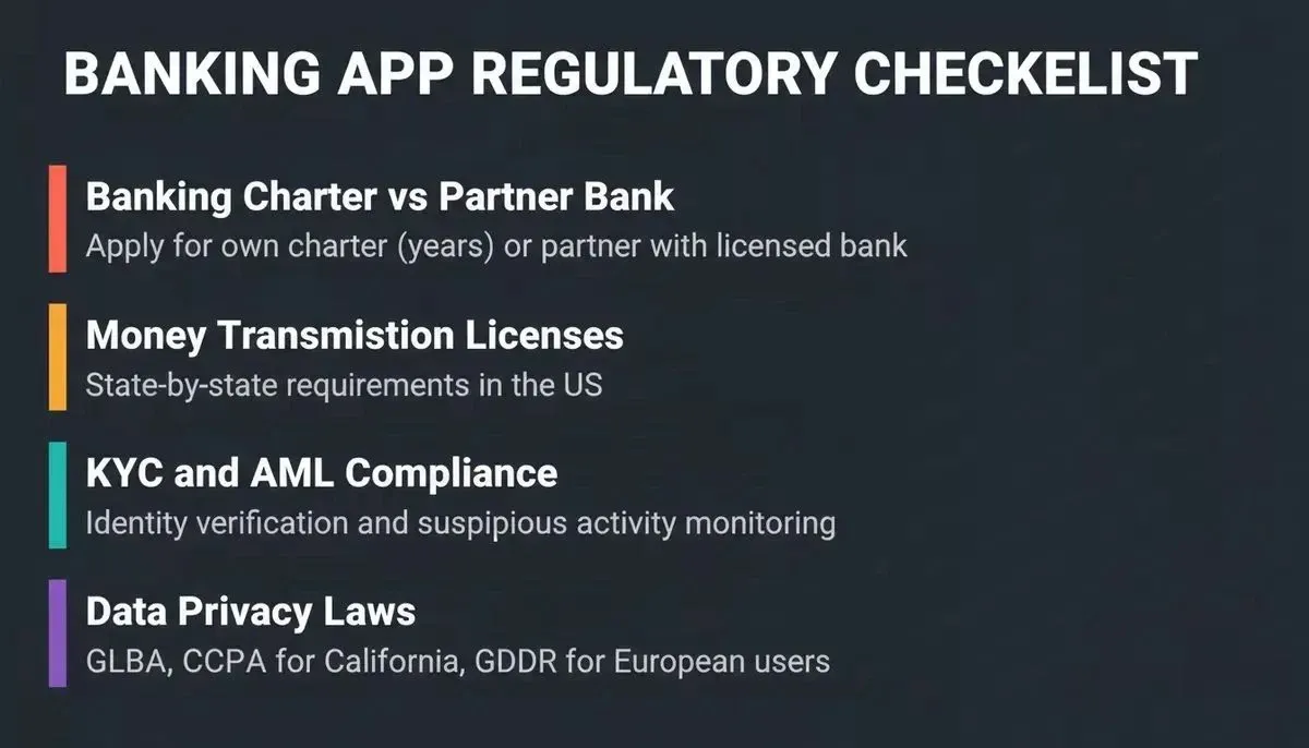 Banking app regulatory checklist: charter decision, MTLs, KYC/AML, and data privacy each carry distinct timelines and cost implications