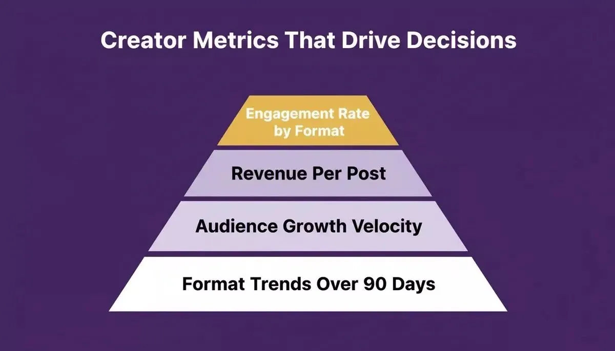 Creator Priority pyramid showing creator metrics ranked by business impact: engagement rate at top, then revenue per post, growth velocity, and format trendsmetrics priority pyramid