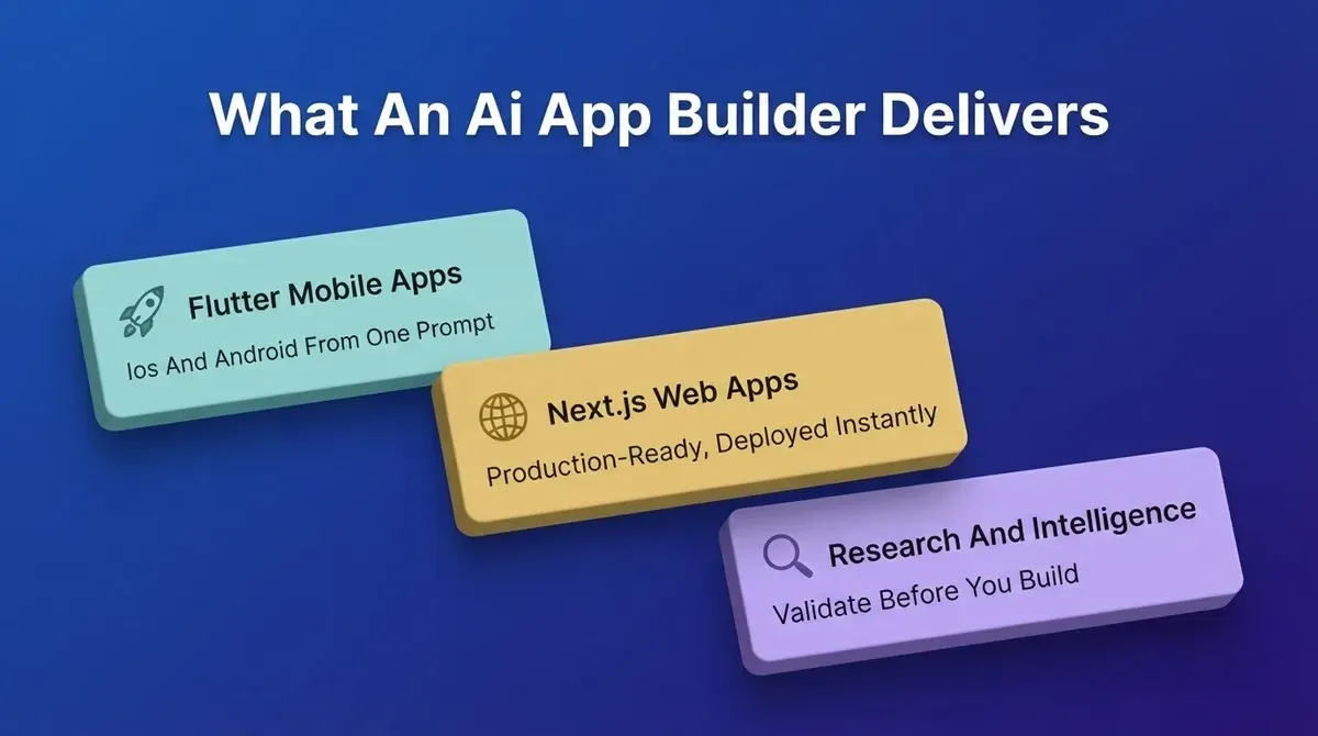 What an AI app builder delivers: Flutter mobile apps for iOS and Android, Next.js web apps deployed instantly, and research plus intelligence to validate ideas and track competitors