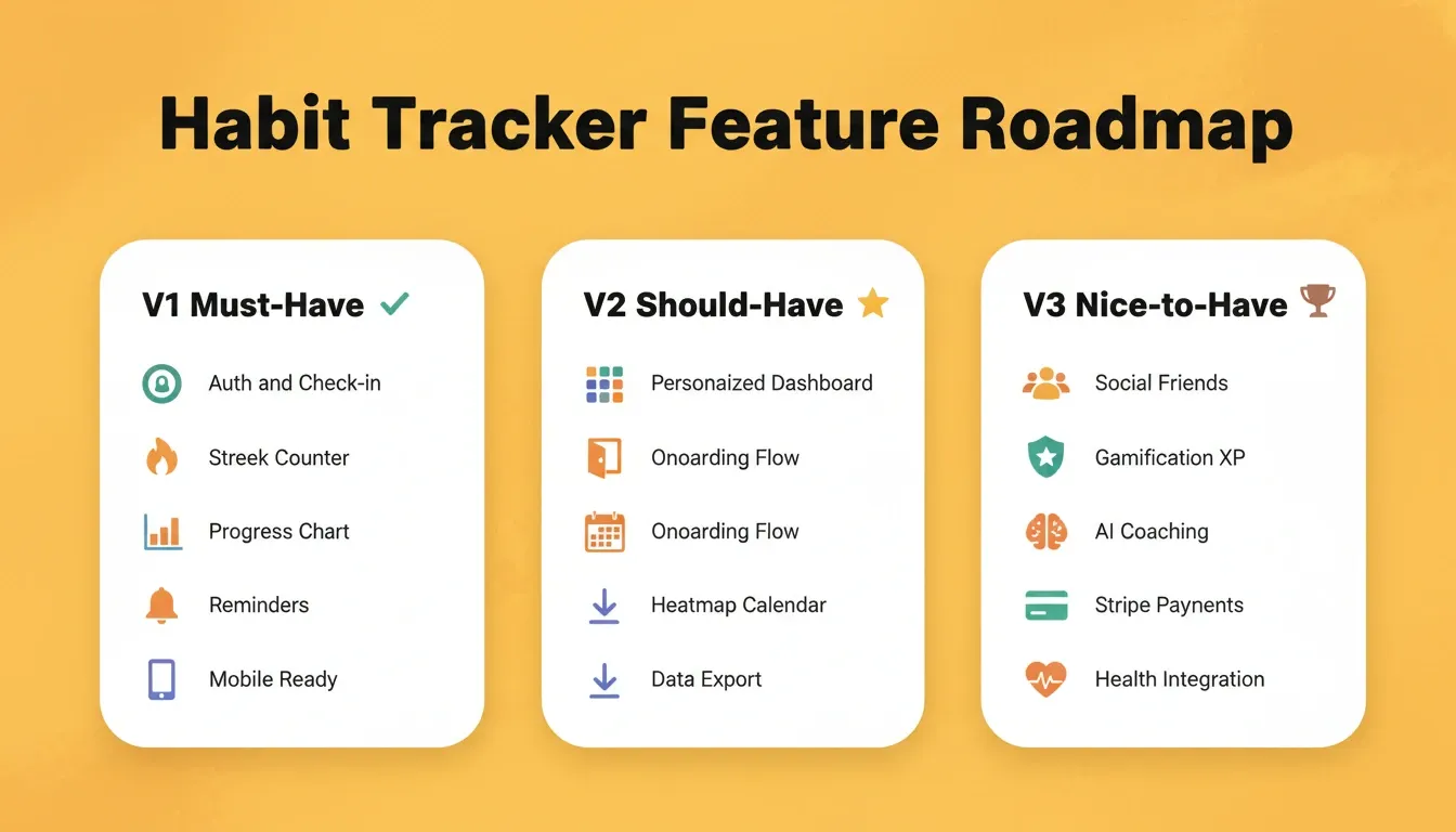 Habit Tracker Feature Roadmap V1 to V3 — an amber-yellow infographic showing Must-Have, Should-Have, and Nice-to-Have features across three build phases