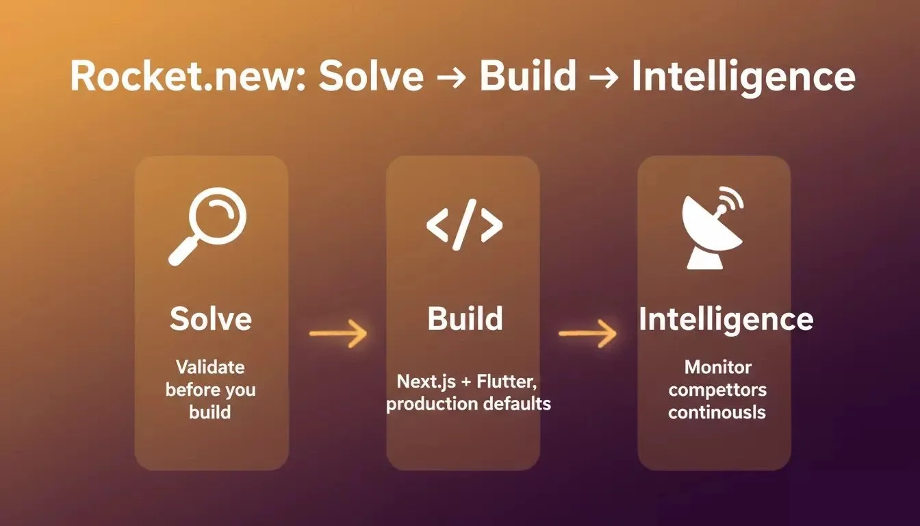 Rocket.new Three-Pillar Platform — Solve, Build, Intelligence architecture diagram