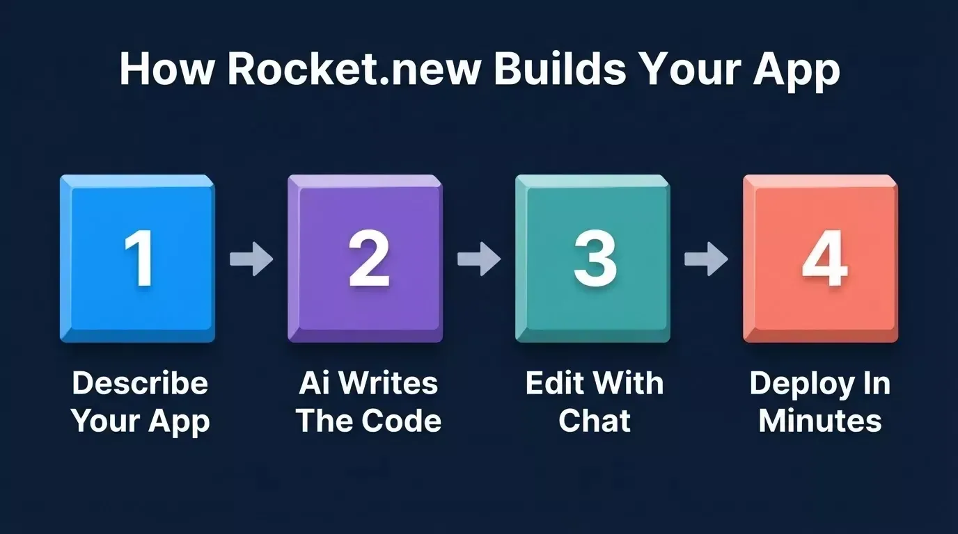 Four-step flow showing how Rocket.new builds apps: Step 1 Describe Your App, Step 2 AI Writes the Code, Step 3 Edit with Chat, Step 4 Deploy in Minutes