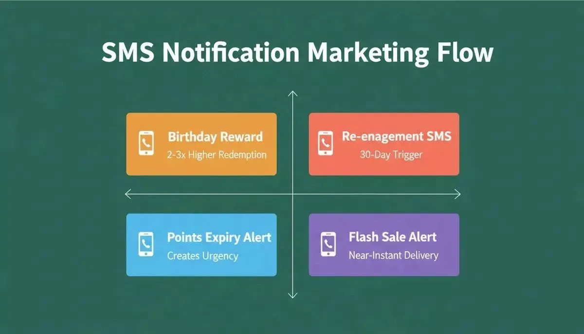 Four SMS notification types: Birthday Reward, Re-engagement SMS, Points Expiry Alert, Flash Sale Alert