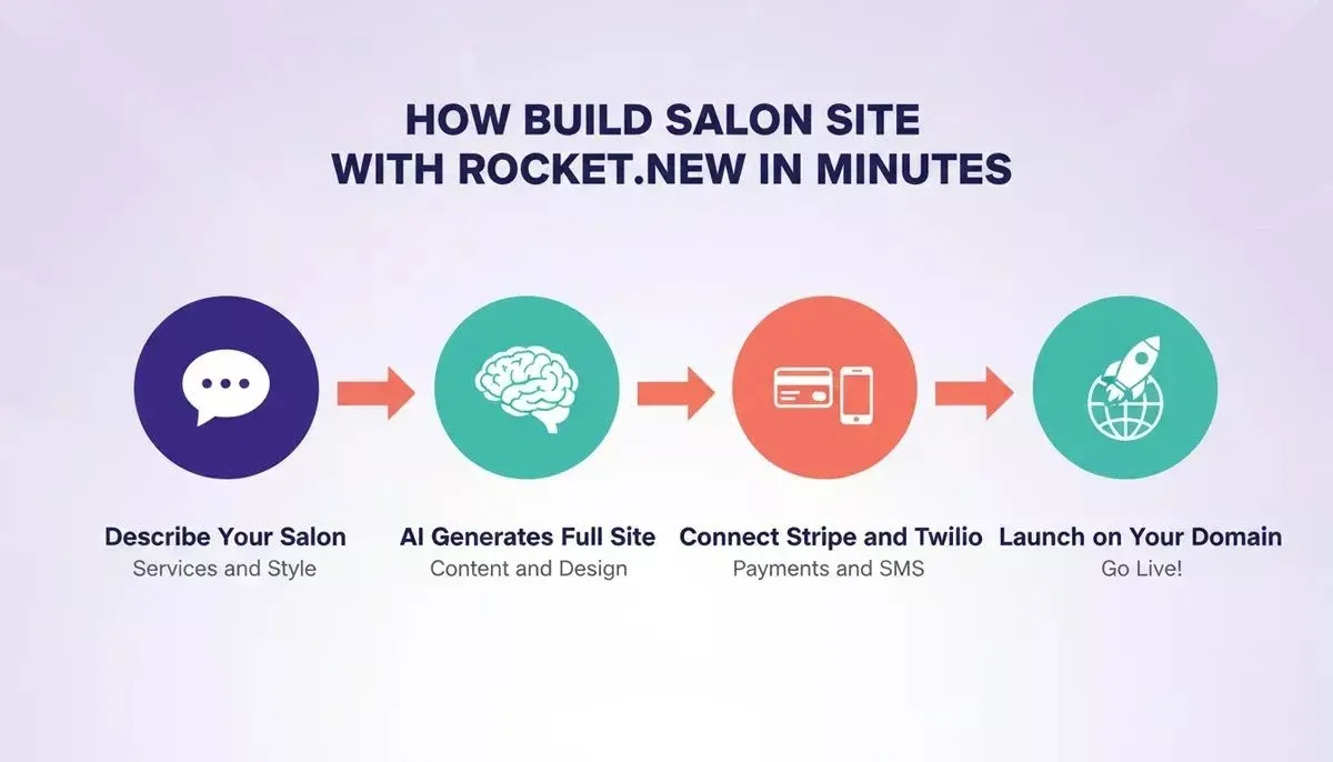 Step-by-step process showing how to build a salon site with Rocket.new: describe your salon, AI generates the site, connect Stripe and Twilio, launch on your domain