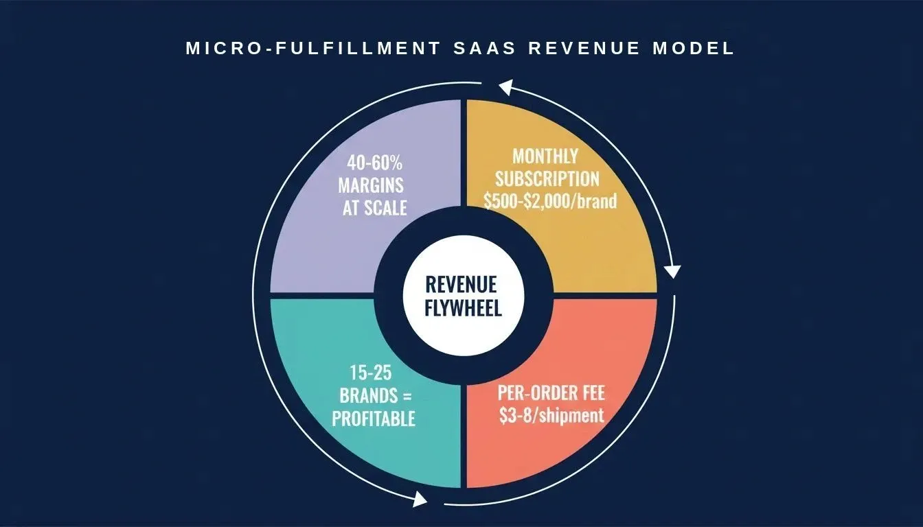 Micro-fulfillment SaaS revenue flywheel showing subscription fees, per-order fees, and margin growth at scale