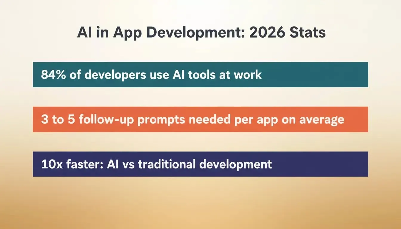 AI in App Development: 2026 Stats — data-driven bar chart showing developer adoption rates