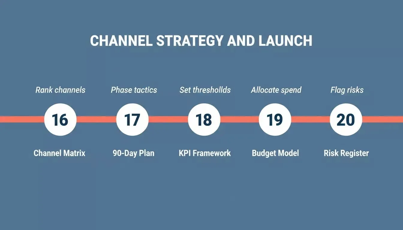 Channel Strategy and Launch timeline showing five numbered prompts from Channel Matrix through Risk Register connected by a coral line on slate blue background