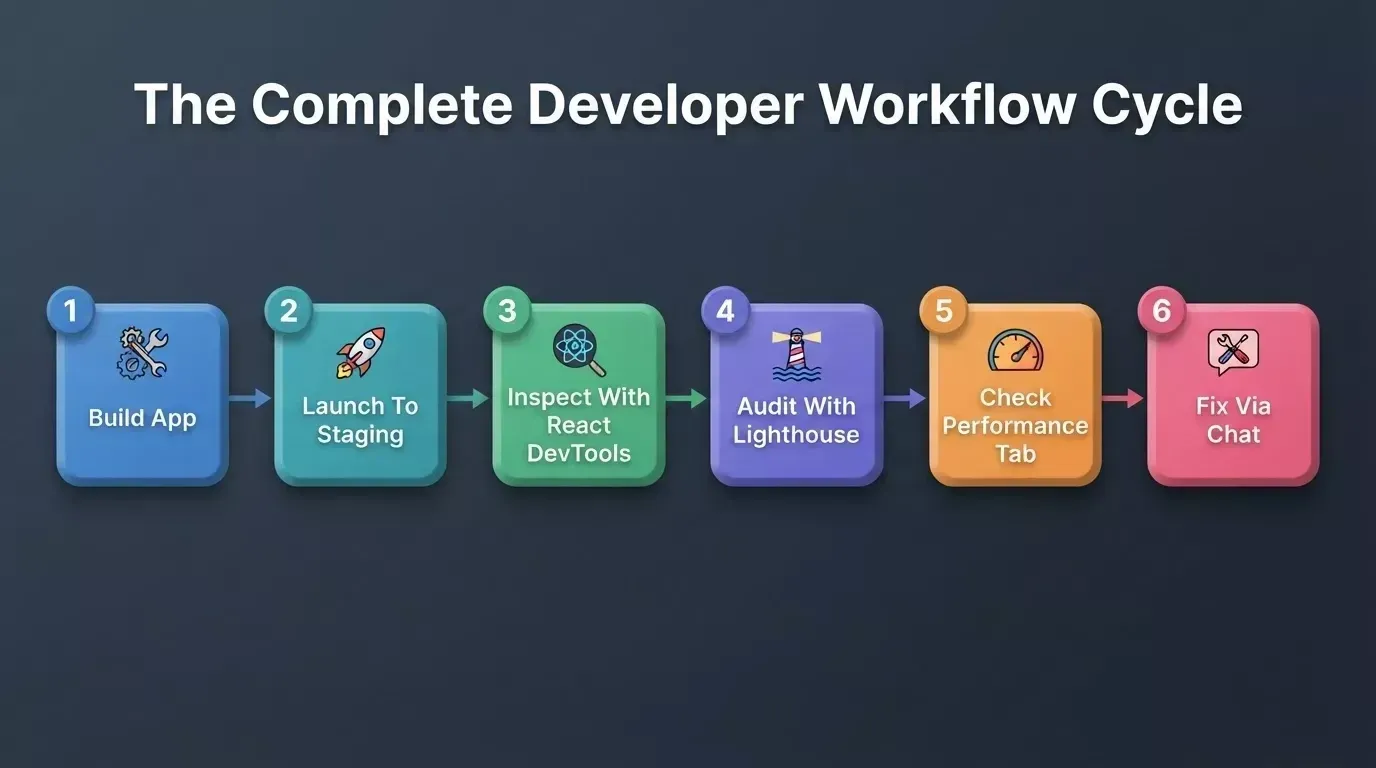 The Complete Developer Workflow Cycle, six 3D raised steps: Build App, Launch To Staging, Inspect, Audit, Check Performance, Fix Via Chat