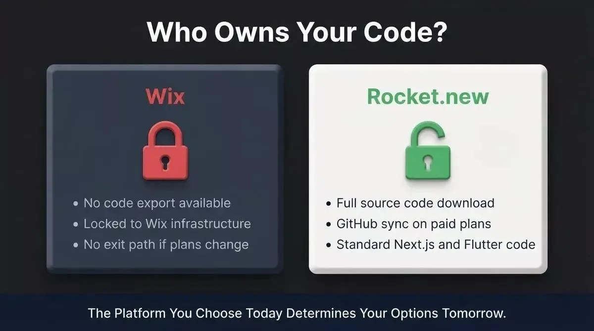 Code ownership comparison: Wix has no code export and locks you to its infrastructure, while Rocket.new provides full source download and GitHub sync on paid plans