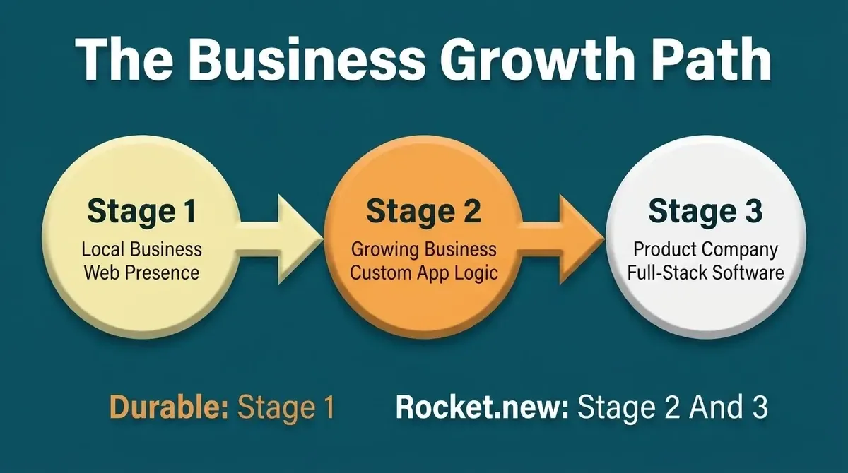 Business growth path: Stage 1 local business needs web presence, Stage 2 growing business needs custom app, Stage 3 product company needs full-stack software with Rocket.new.