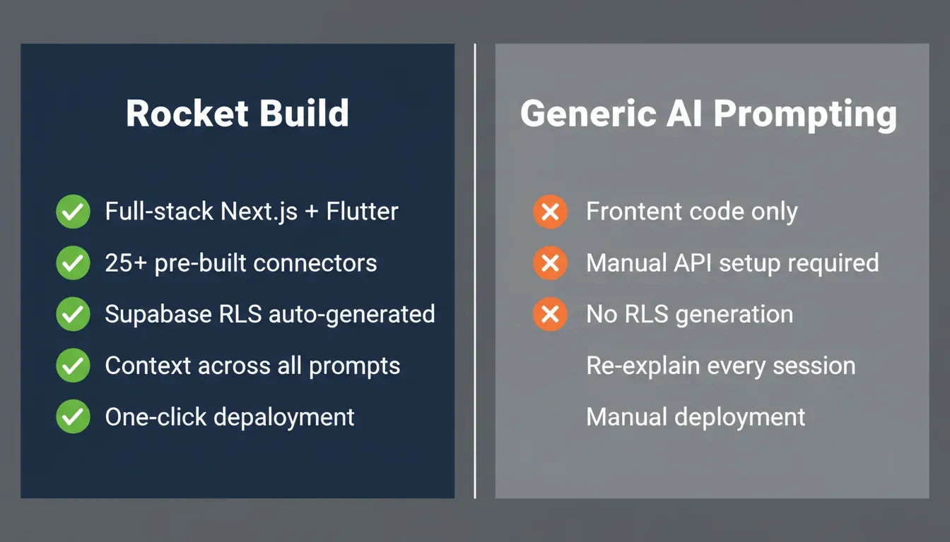 Side-by-side comparison on dark background showing Rocket Build on navy left panel with six green checkmark features and Generic AI Prompting on gray right panel with six orange X limitations