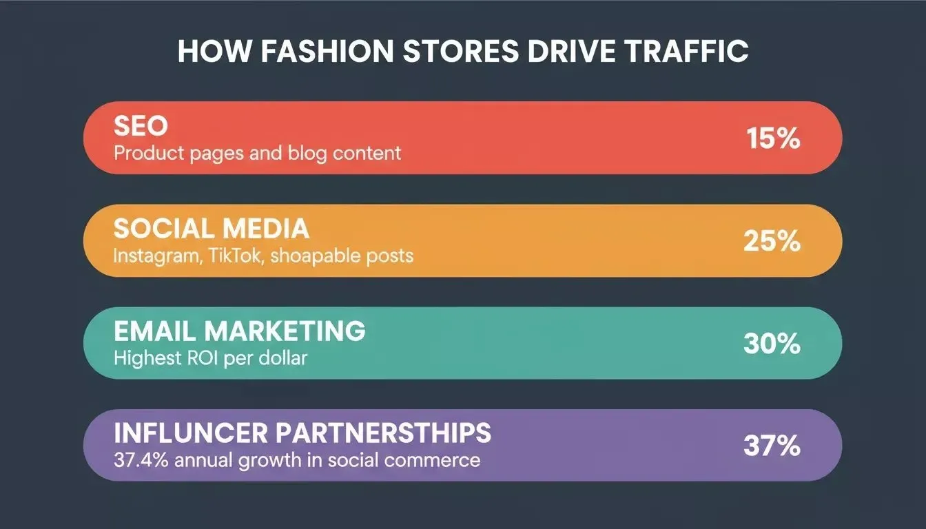 How Fashion Stores Drive Traffic — four traffic channels with growth indicators