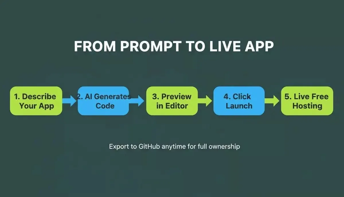 Step-flow deployment diagram showing five steps from describing your app in Rocket to live free hosting on Netlify with GitHub export