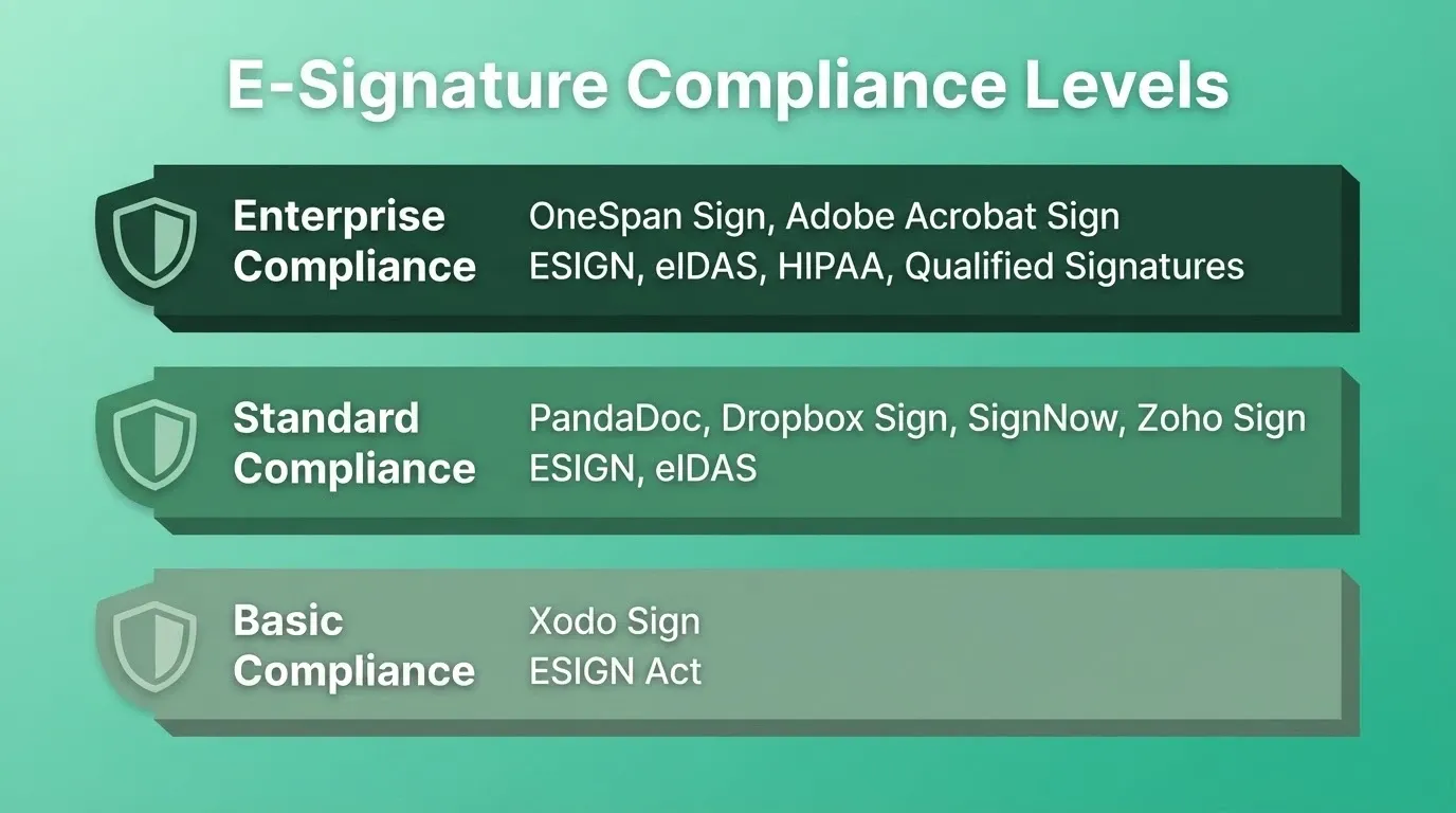 E-signature compliance tiers: Enterprise level with OneSpan and Adobe, Standard with PandaDoc and SignNow, Basic with Xodo Sign