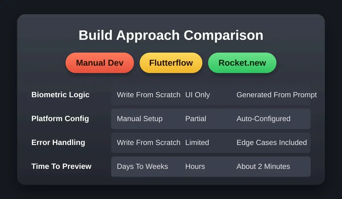 Comparison table showing Manual Dev, FlutterFlow, and Rocket.new for building biometric Flutter apps