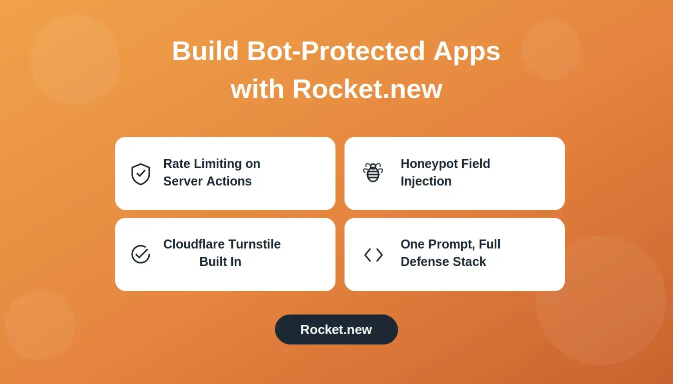 Rocket.new bot protection features: Rate Limiting on Server Actions, Honeypot Field Injection, Cloudflare Turnstile Built In, One Prompt Full Defense Stack