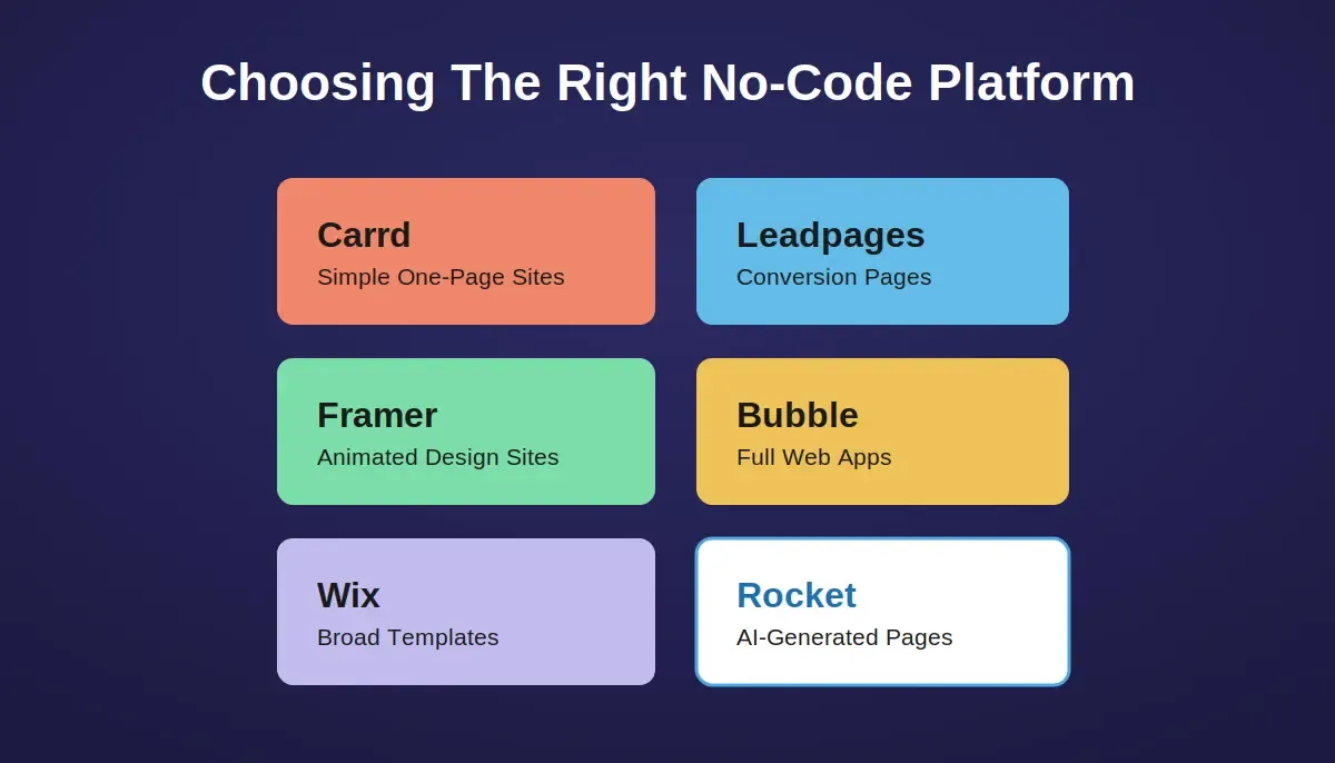 Six 3D raised platform comparison cards on indigo background showing Carrd, Leadpages, Framer, Bubble, Wix, and Rocket with their best use cases