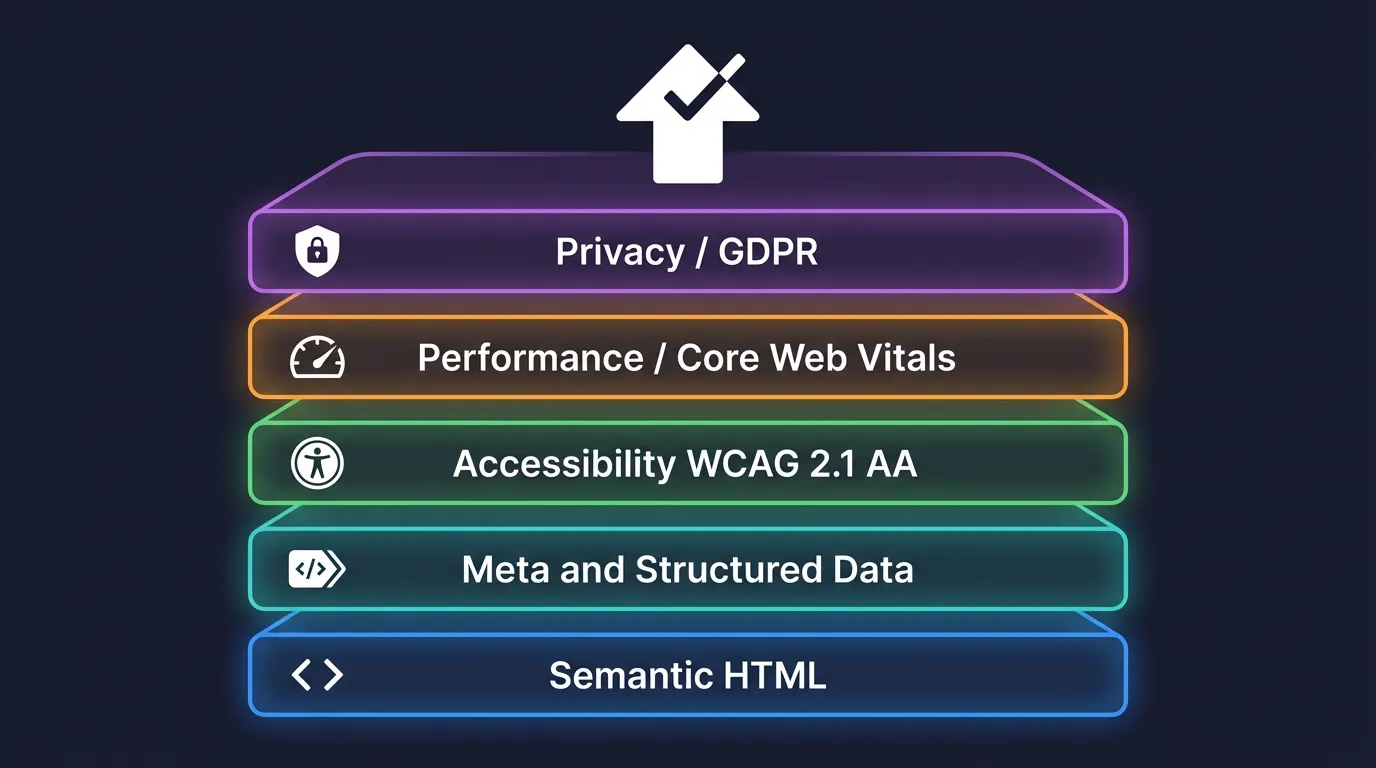 Five compliance layers stacked: Semantic HTML, Meta and Structured Data, Accessibility, Performance, and Privacy, with a rocket launching from the top