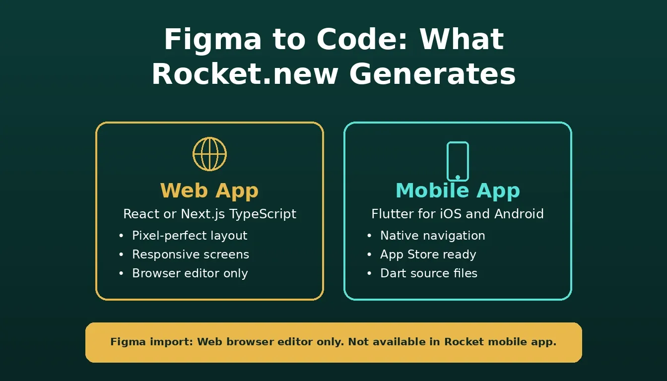 Figma to Code: Web App generates Next.js TypeScript, Mobile App generates Flutter for iOS and Android. Web browser editor only.