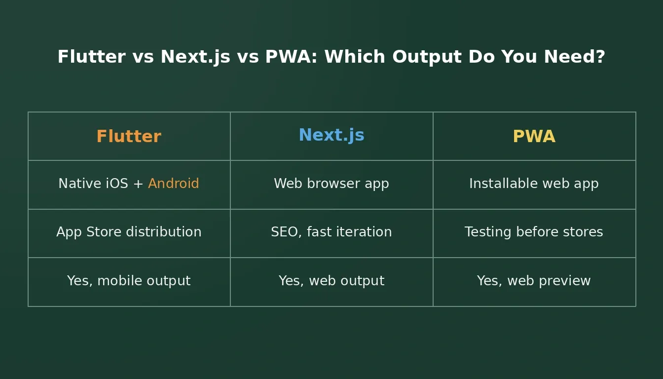 Flutter vs Next.js vs PWA comparison chart