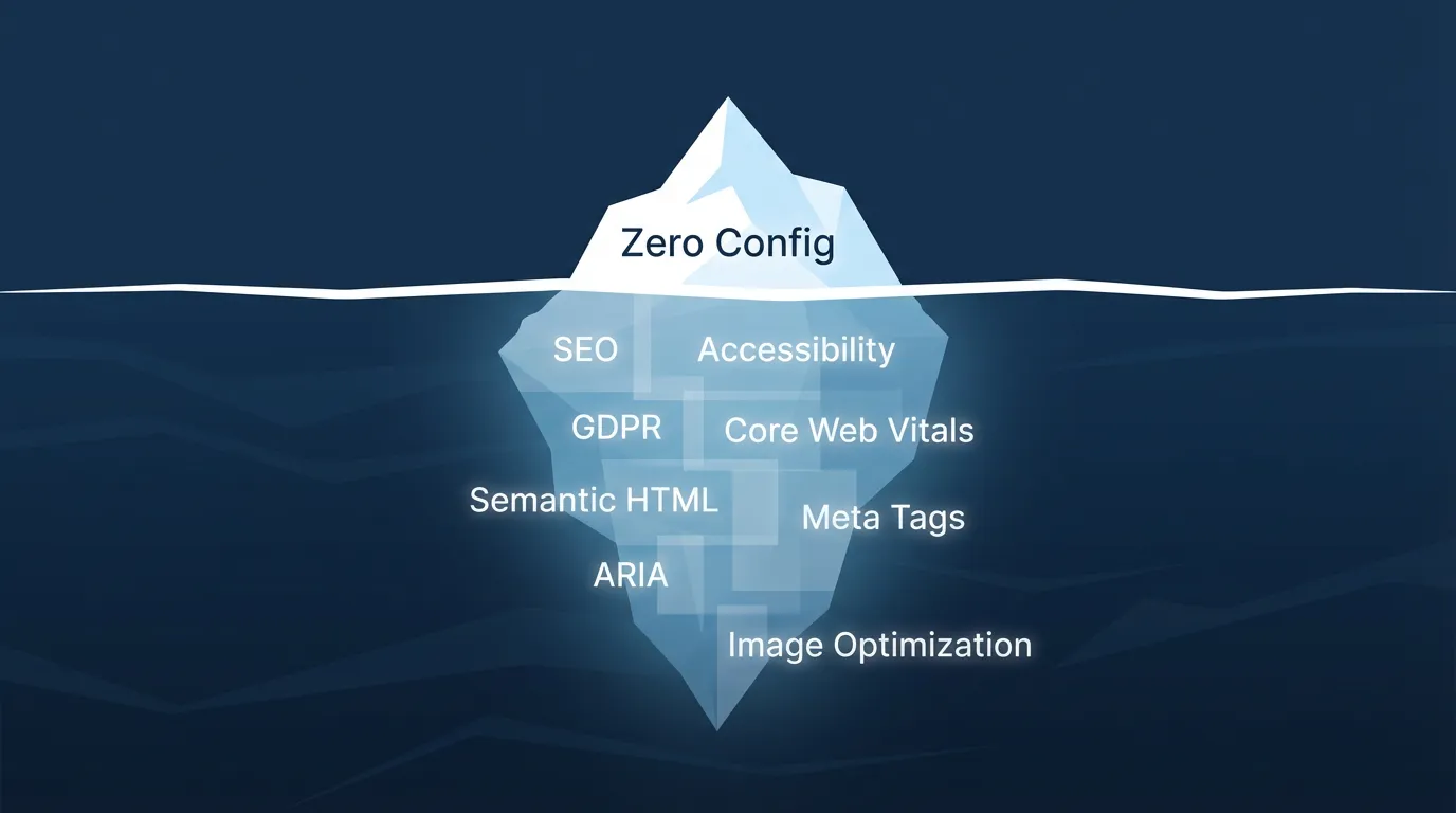 Iceberg diagram showing zero config above water, a massive list of SEO, accessibility, and performance optimizations beneath