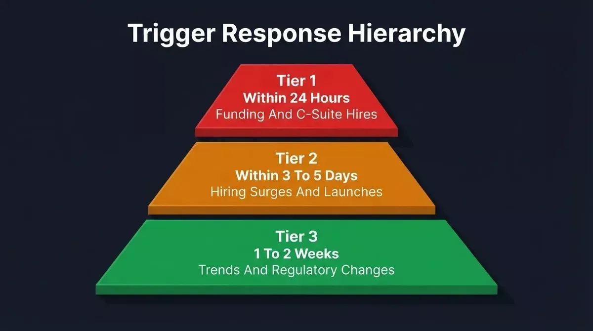 Three-tier 3D pyramid showing Tier 1 within 24 hours, Tier 2 within 3-5 days, Tier 3 within 1-2 weeks