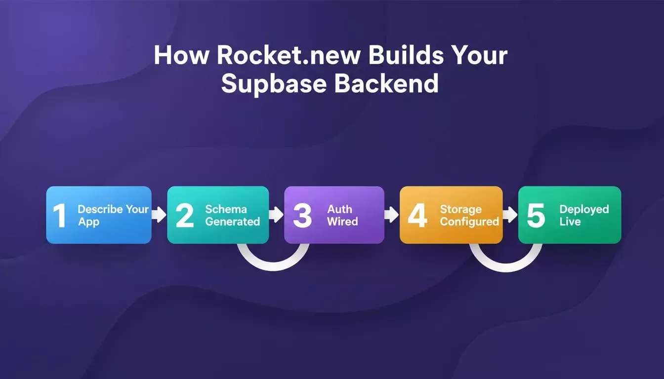 Five-step flow showing how Rocket.new builds a Supabase backend
