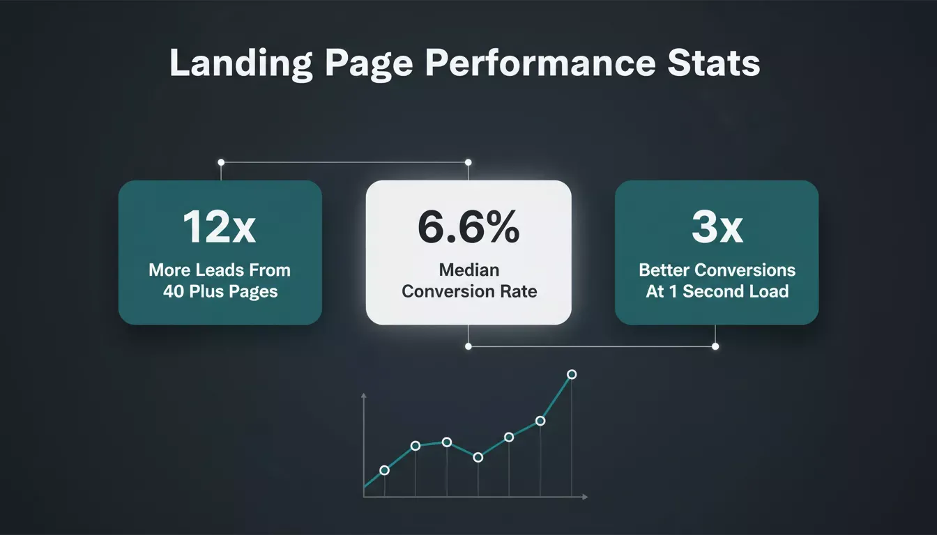 Three 3D floating stat cards on charcoal background: 12x more leads, 6.6% median conversion rate, and 3x better conversions at one-second load speed