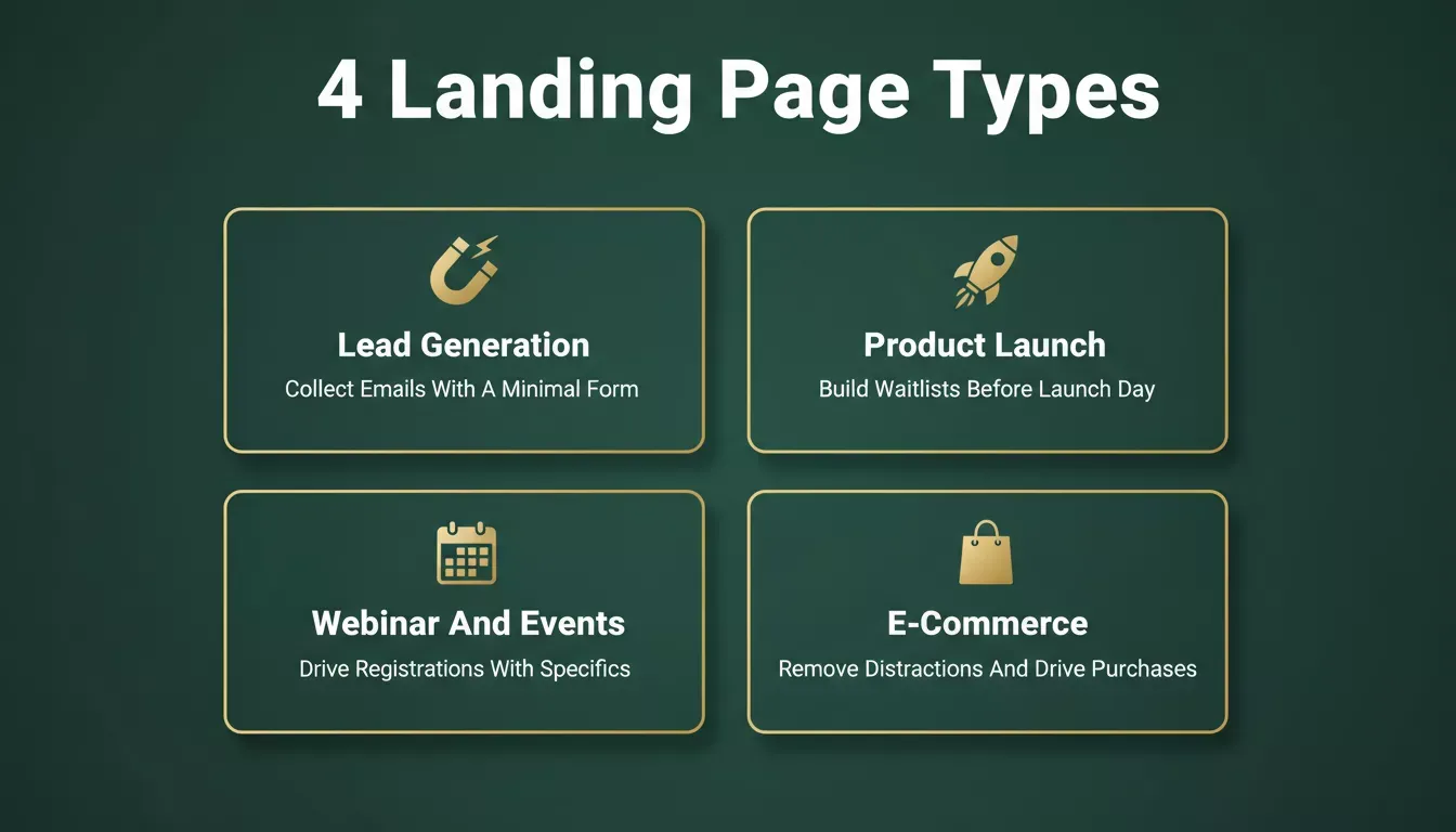 Landing page types: Lead Generation, Product Launch, Webinar And Events, and E-Commerce with icons and subtitles