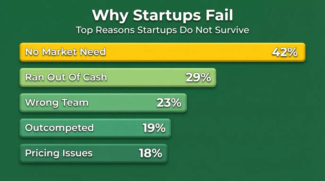 Why Startups Fail: Showing 42% fail from no market need, 29% cash issues, 23% wrong team, 19% outcompeted, 18% pricing problems and market research gap is the top cause