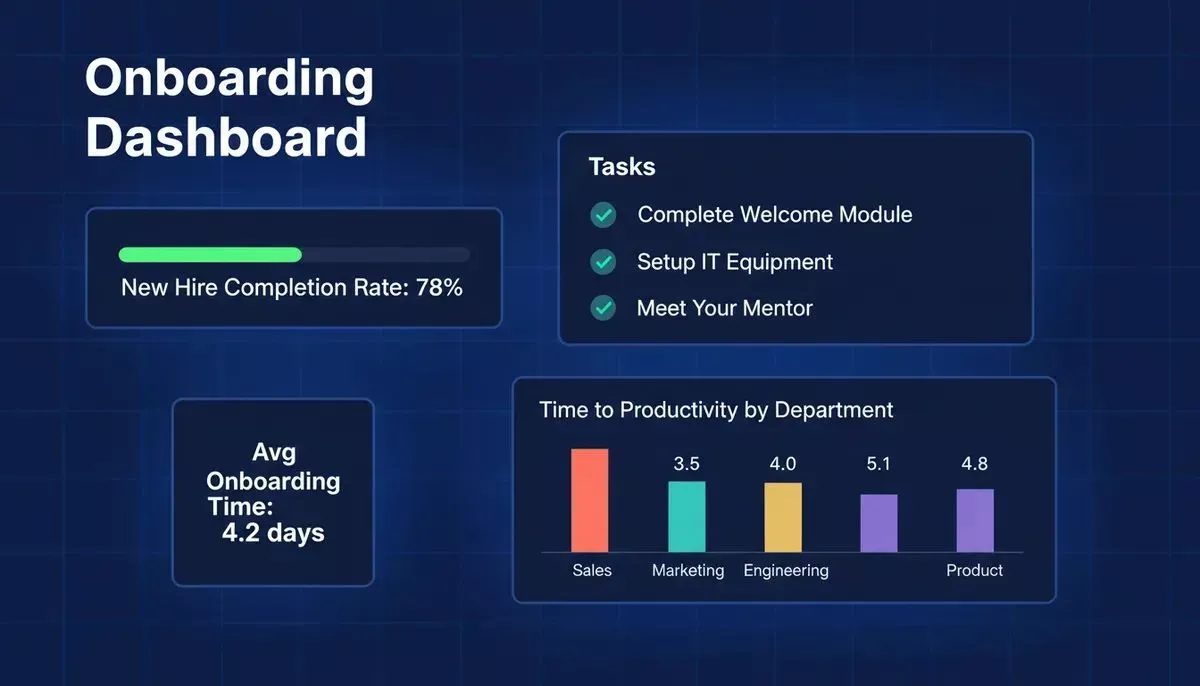 Live onboarding dashboard showing completion rates, bottlenecks, and time-to-productivity metrics