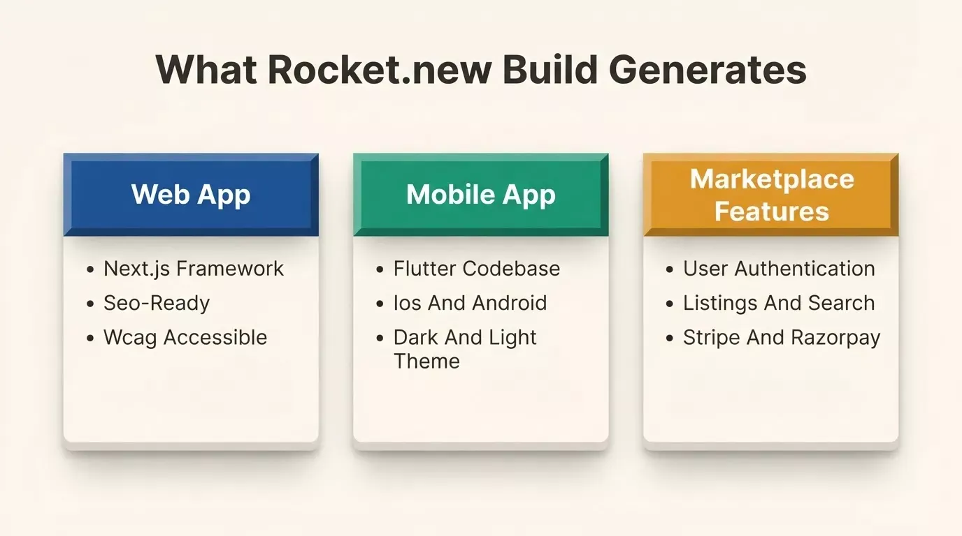 What Rocket.new Build generates: Web App with Next.js SEO-Ready WCAG Accessible, Mobile App with Flutter iOS and Android, Marketplace Features with Stripe and Razorpay