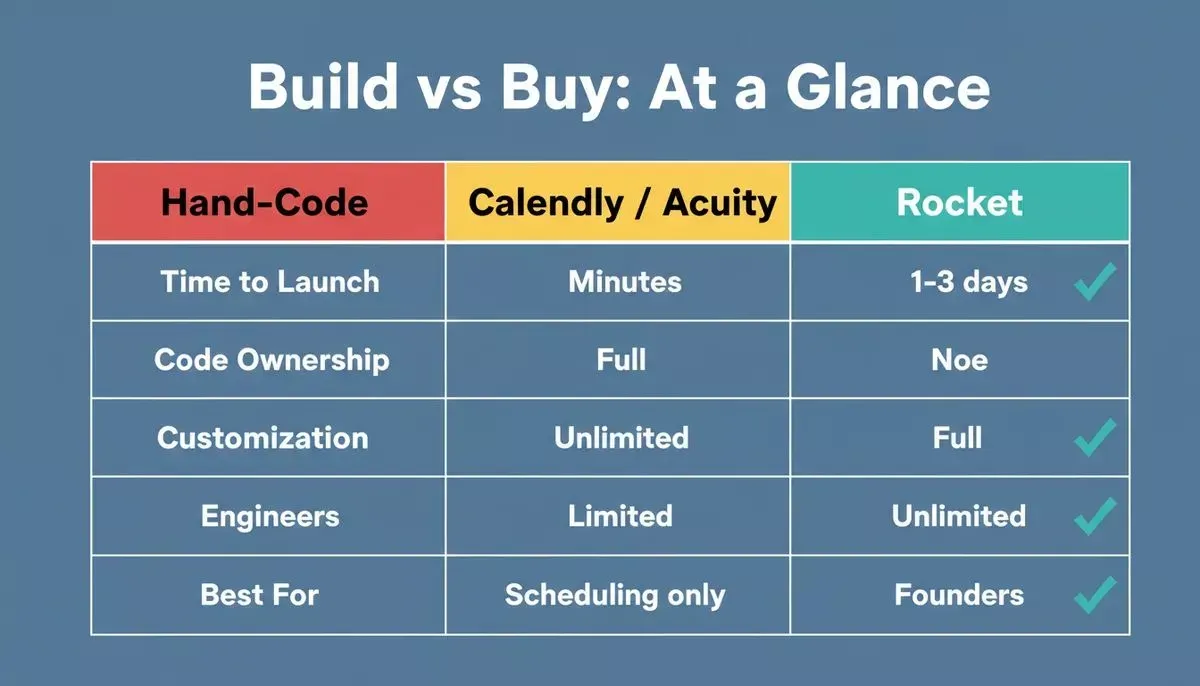 Comparison table showing Hand-Code vs Calendly/Acuity vs Rocket across Time to Launch, Code Ownership, Customization, and Best For criteria