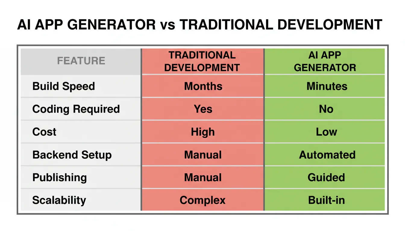 Comparison chart: AI app generator vs traditional development showing speed, cost, and backend differences