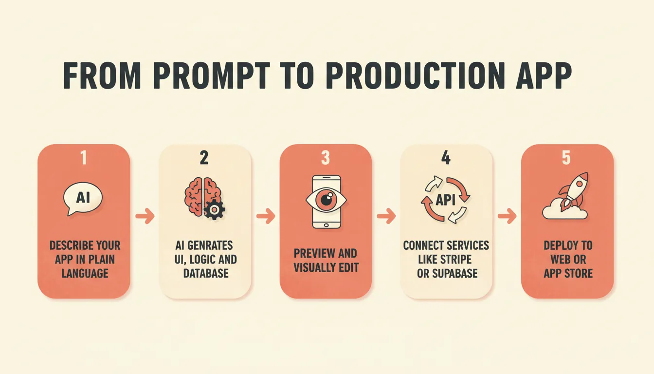 From Prompt to Production App: five-step process illustration