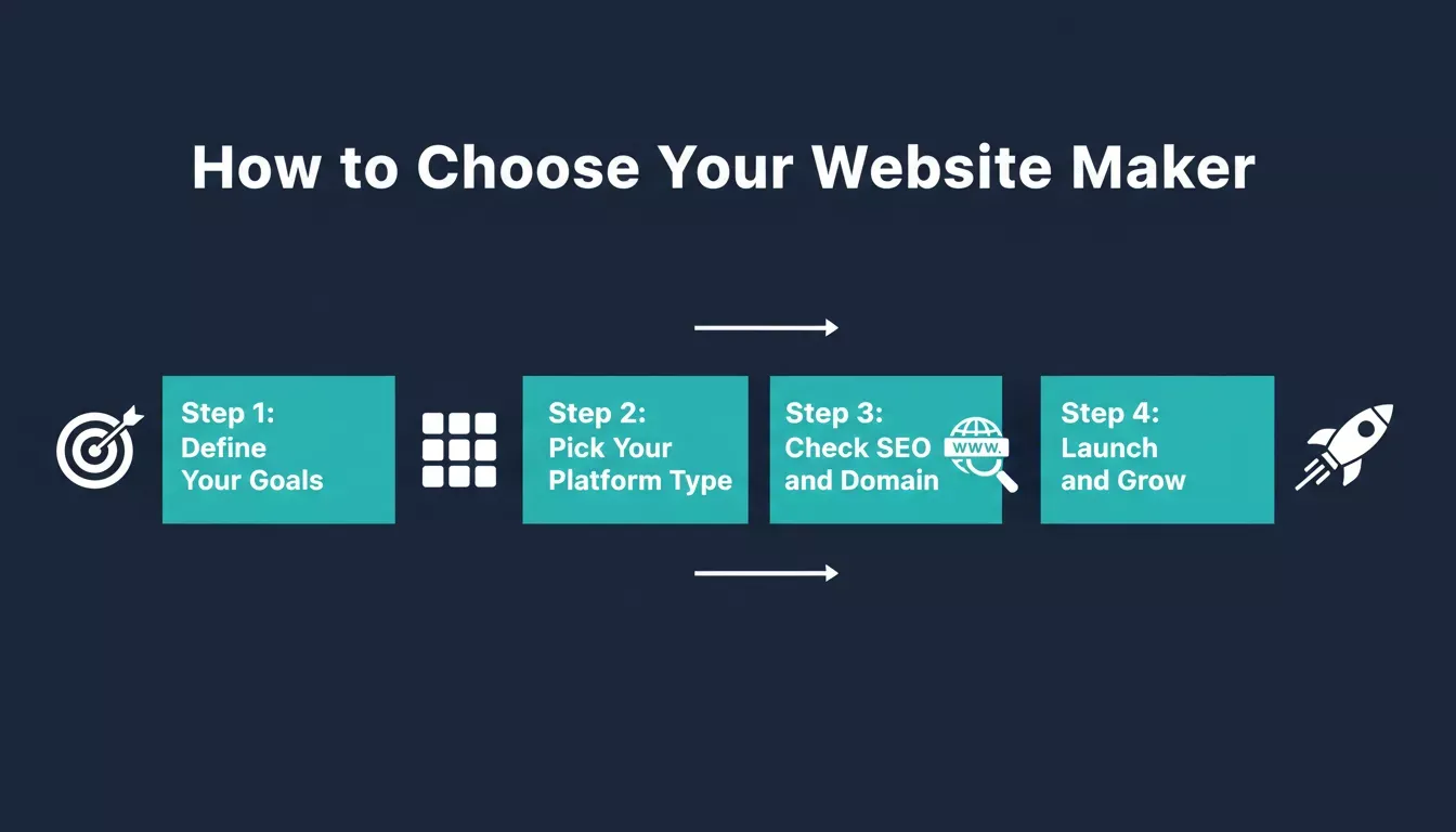 How to Choose Your Website Maker showing a 4-step decision flow: Define Goals, Pick Platform Type, Check SEO and Domain, Launch and Grow