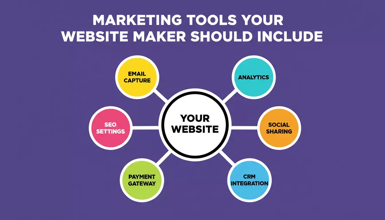 Marketing Tools Your Website Maker Should Include showing a hub diagram with Email Capture, Analytics, SEO Settings, Social Sharing, Payment Gateway, and CRM Integration connected to Your Website