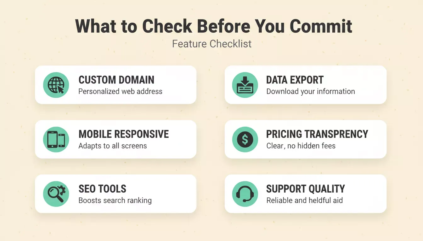 What to Check Before You Commit showing a checklist with Custom Domain, Mobile Responsive, SEO Tools, Data Export, Pricing Transparency, Support Quality