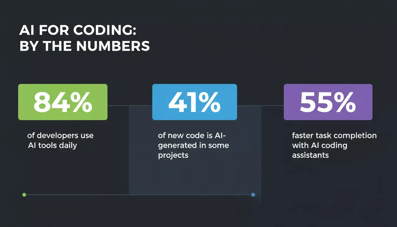 AI for Coding by the Numbers — 84% of developers use AI daily, 41% of new code is AI-generated, 55% faster task completion