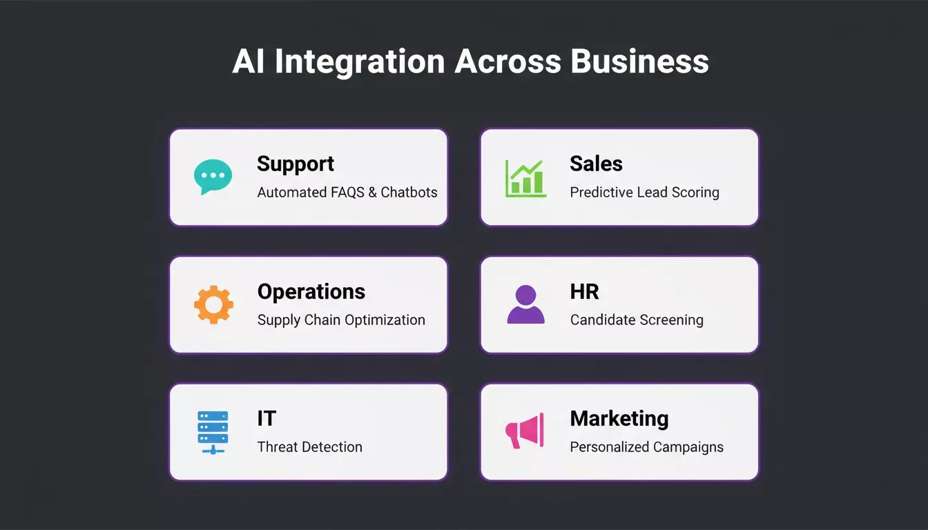 AI Integration Across Business infographic showing six department cards with use cases for support, sales, operations, HR, IT, and marketing
