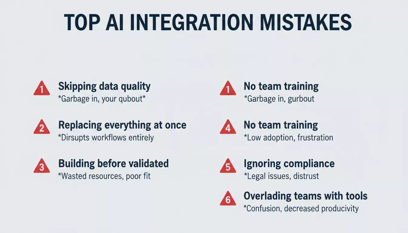 Top AI Integration Mistakes infographic listing six numbered warning items