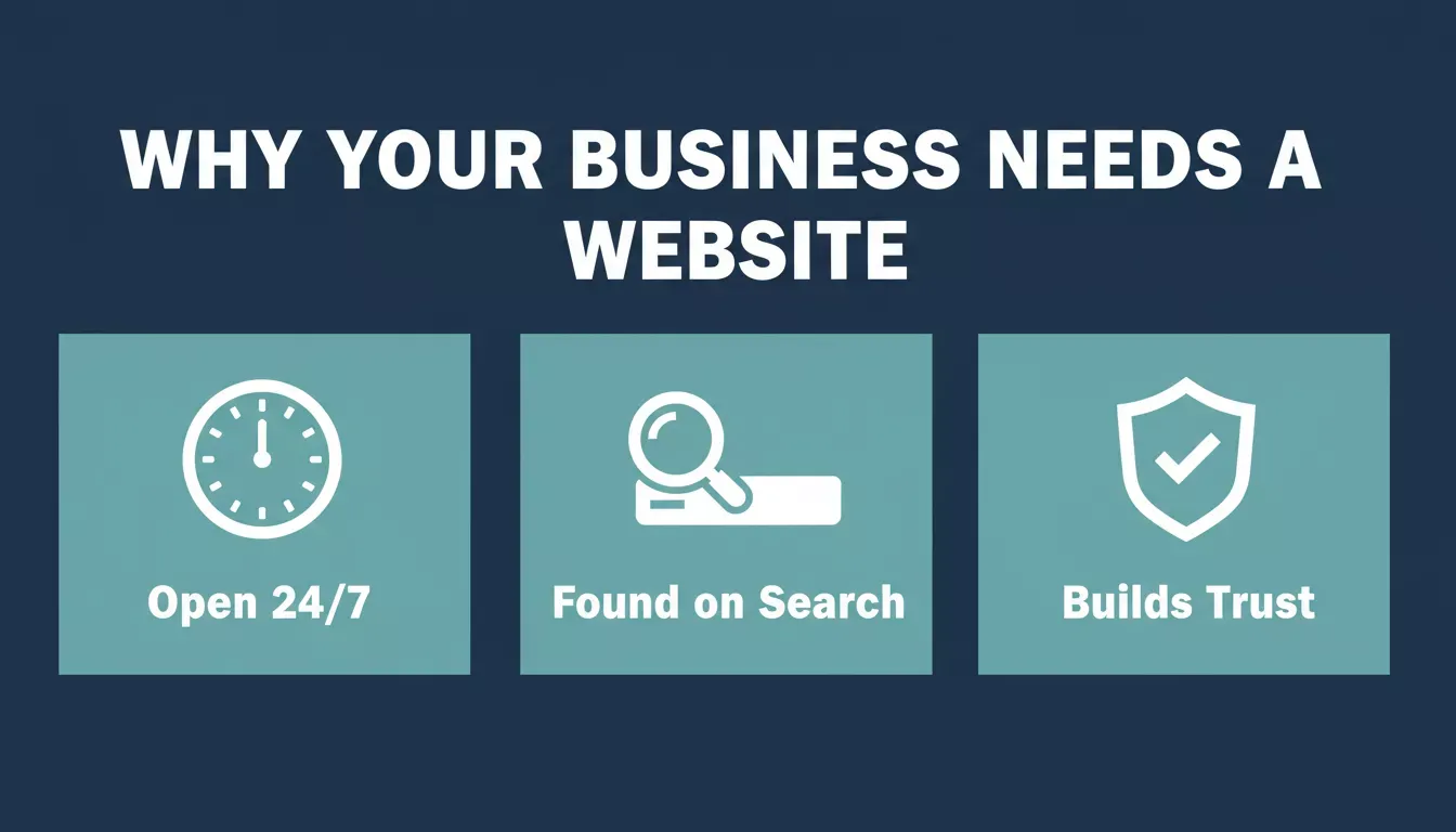Why Your Business Needs a Website — three core benefits: Open 24/7, Found on Search, Builds Trust