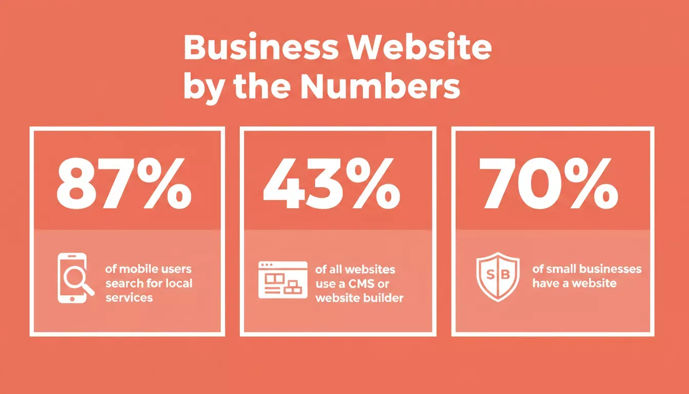Business Website by the Numbers — 87% mobile search, 43% CMS usage, 70% small business website adoption